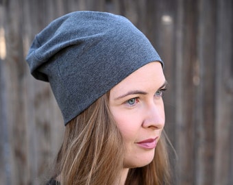 Gray slouchy beanie hat for man, woman, and kid; lightweight cotton jersey knit slouch beanie made in USA