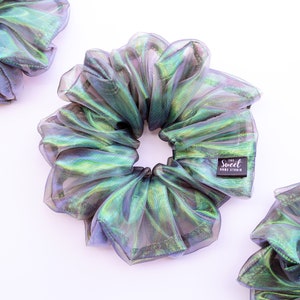 Oversized iridescent organza scrunchie, extra-large sheer blackish green hair scrunchy, shiny jumbo hair accessory
