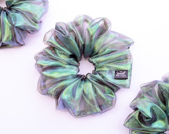 Oversized iridescent organza scrunchie, extra-large sheer blackish green hair scrunchy, shiny jumbo hair accessory