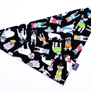 Tossed cartoon dogs print pet bandana, slides over the collar, black and white dog accessory, colorful puppy outfit