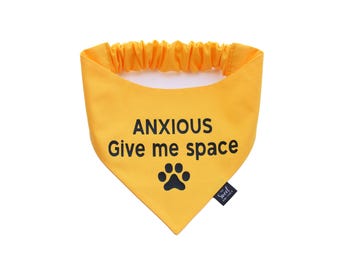 Anxious Give Me Space Dog Bandana, Handmade Yellow Elastic Scrunchie Pet Bandana for Nervous Dog, Made in the USA
