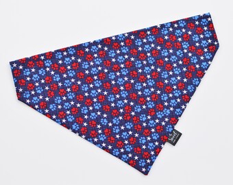 Patriotic 4th of July over the collar dog bandana, red, white and blue paw print puppy bandana, no tie slip on Independence Day pet neckwear