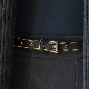 Black Skinny Belt with Gold Buckle, Narrow Belt Handmade with Metallic Zipper