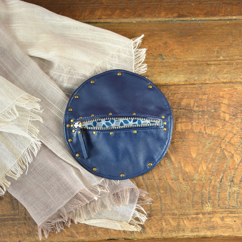 High quality imitation leather wallet with metallic zip and rivets Blue Leather Purse