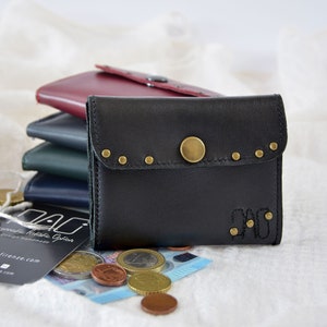 Mini Cartera y Tarjetero de Piel Negro, Pequeño Tarjetero de Piel Auténtica con Monedero.