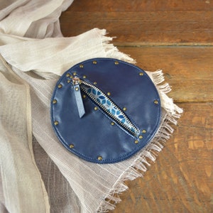 Cartera Azul de Piel Vintage, Piel de Imitación de alta calidad con efecto envejecido, Monedero con cremallera y remaches de metal
