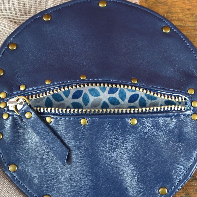 High quality imitation leather wallet with metallic zip and rivets Blue Leather Purse