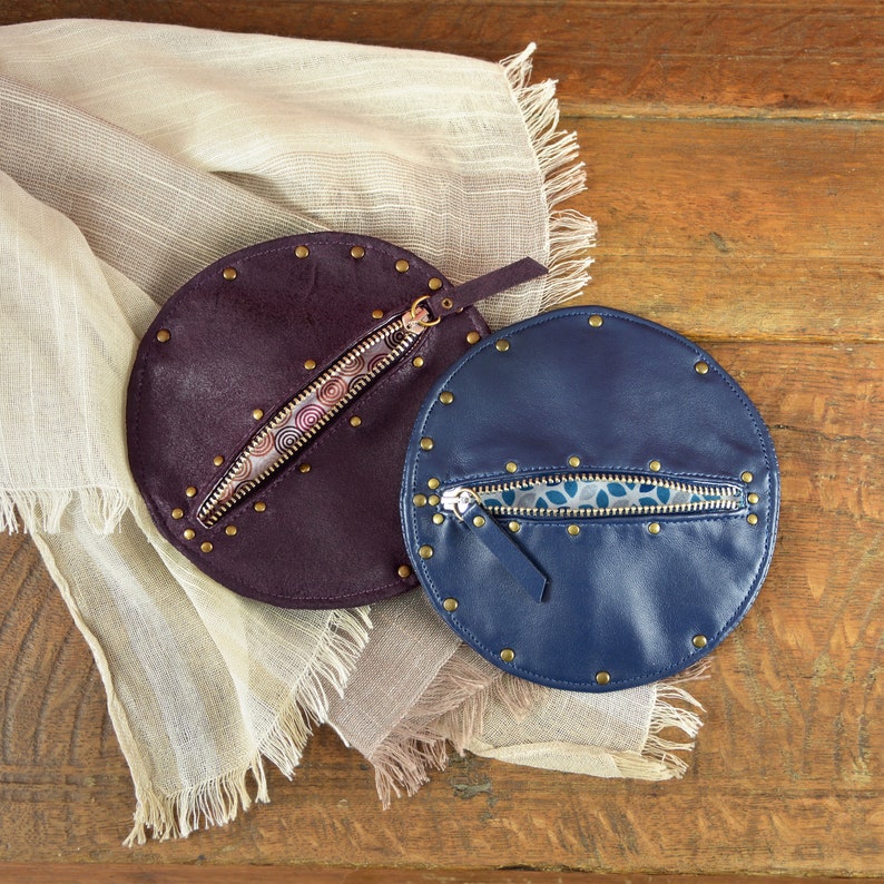 High quality imitation leather wallet with metallic zip and rivets Blue Leather Purse