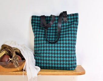 Zippered Tote Bag with Pockets - Green and Black Houndstooth Pattern Fabric with Genuine Leather Handles