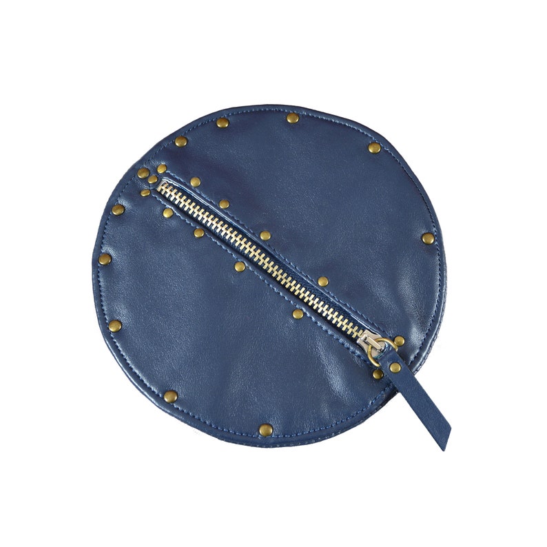 High quality imitation leather wallet with metallic zip and rivets Blue Leather Purse