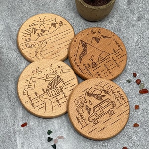 Great Outdoors Engraved Coasters, Nature Lovers Round Wooden Coaster Set, Wood Burned Coasters, Housewarming Gift, Organic Cork