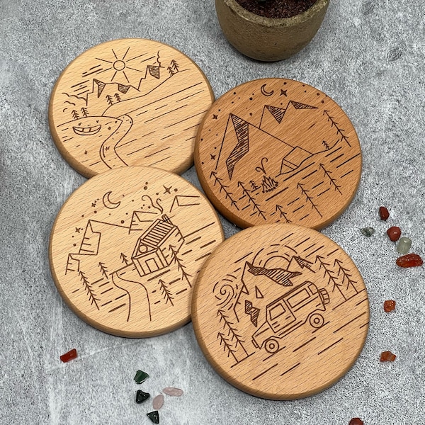 Nature Engraved Coasters, Nature Lovers Wooden Coaster Set, Round Coaster Set, Wood Burned Coasters, Housewarming Gift, Organic Cork