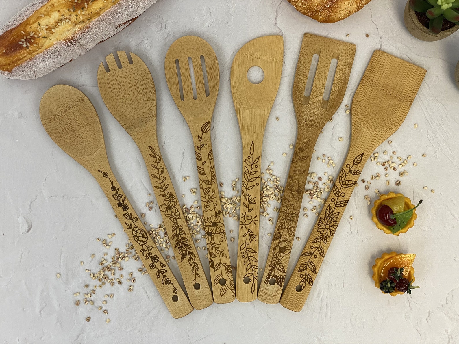 Floral Wooden Utensil Set Holder Decorative Wood Utensil Etsy