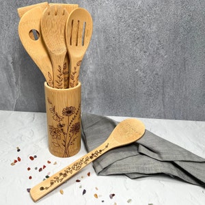 Floral Wooden Utensil Set + Holder, Decorative Wood Utensil Set, Wood burning Art