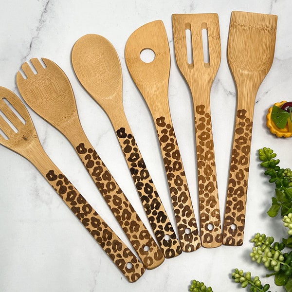 Leopard Kitchen Utensils, Engraved Bamboo Spoons, Wooden Spoons, Leopard