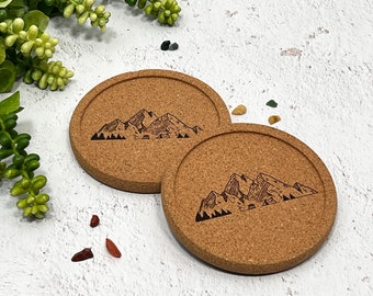 Mountain Theme Cork Coasters, Engraved Cork Tray Coasters for Glass
