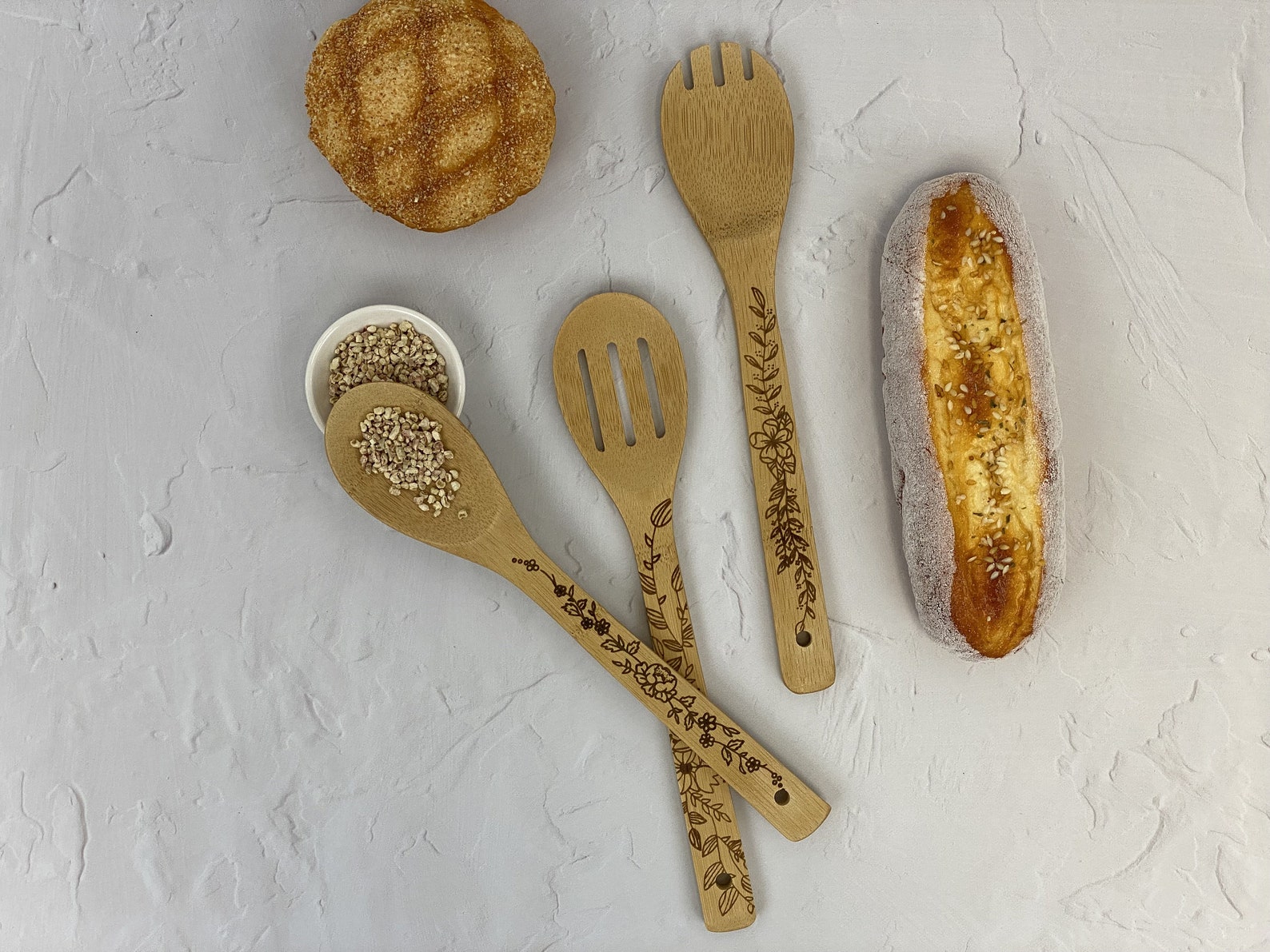 Floral Wooden Utensil Set Holder Decorative Wood Utensil Etsy