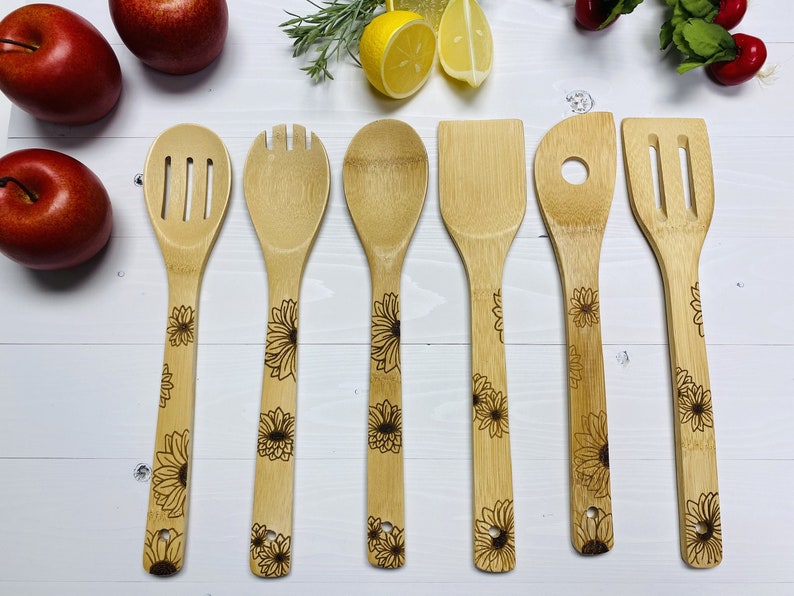 Wooden Cooking Spoons Serving Utensils Set of 6 Sunflower image 0