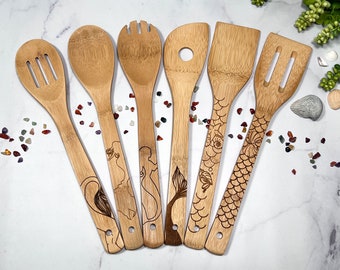 Mermaid Utensil Set, Mermaid Kitchen Decor, Little Mermaid Wooden Spoons