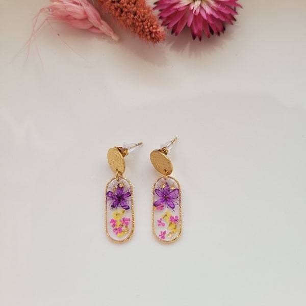 Boucles d'oreilles en fleurs séchées, acier inoxydable zamac, sans nikel, modèle unique,originales