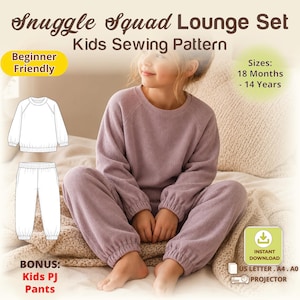 Patrón de costura en PDF para conjunto de estar por casa infantil, manga raglán con bolsillos, puños elásticos y manoplas o pantalones con pie opcionales.