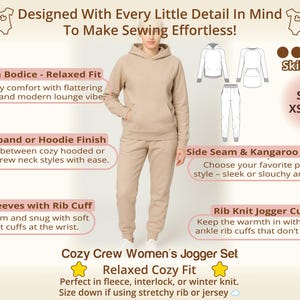 Womens hoodie and jogger set displayed as part of a coordinated sewing pattern bundle, showing how pieces work together across the collection, ideal for users of a printable sewing patterns bundle who want multiple sewing projects with consistent style and simple decision making