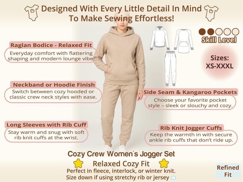 Womens hoodie and jogger set displayed as part of a coordinated sewing pattern bundle, showing how pieces work together across the collection, ideal for users of a printable sewing patterns bundle who want multiple sewing projects with consistent style and simple decision making