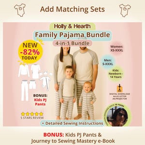 Coordinated family sewing bundle preview showing matching pajama sets for women men and kids, connected to the womens sewing pattern bundle as an expansion option, ideal for sewists planning multiple sewing projects and looking to extend their handmade wardrobe across the whole family