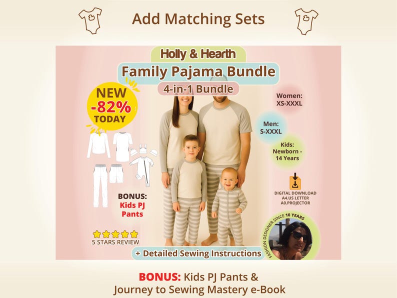 Coordinated family sewing bundle preview showing matching pajama sets for women men and kids, connected to the womens sewing pattern bundle as an expansion option, ideal for sewists planning multiple sewing projects and looking to extend their handmade wardrobe across the whole family