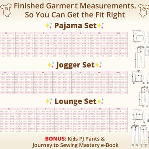 Finished garment measurement chart for womens pajama jogger and lounge sets within a printable sewing patterns bundle showing size range from XS to XXXL, supporting accurate fit across multiple sewing projects and helping sewists plan a cohesive handmade wardrobe
