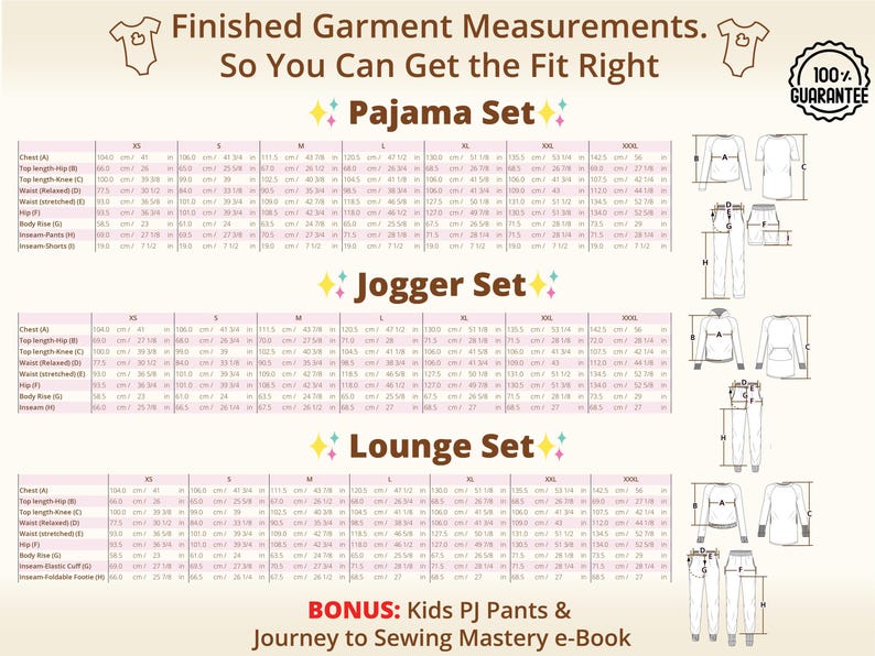 Finished garment measurement chart for womens pajama jogger and lounge sets within a printable sewing patterns bundle showing size range from XS to XXXL, supporting accurate fit across multiple sewing projects and helping sewists plan a cohesive handmade wardrobe