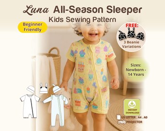 Baby Zipper Sleeper Sewing Pattern, Summer Winter Footless Pajamas PDF, Kids Sleepsuit With Long Short Sleeves, Pants Or Shorts NB–6Y