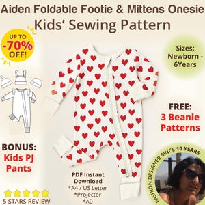 Molde para costura de body de bebê com zíper, pezinho dobrável e luvas, macacão em PDF | Pijama infantil com zíper e proteção para o zíper | 3 gorros