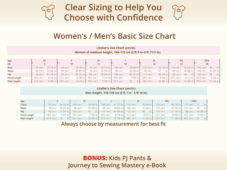 Adult women and men basic size chart for sewing patterns, displaying clear body measurements in centimeters and inches for accurate sizing, designed to support family sewing projects and matching outfits, helpful for confident beginners working with printable sewing pattern files, allows sewists to select the correct size using real measurements instead of guessing, perfect companion for beginner-friendly sewing tutorial and kids pdf sewing pattern bundles that include adult sizing options.