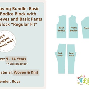 Saving Bundle Boys Basic Bodice Block and Pants sloper Kids Sewing Pattern Size 9 to 14 Years Kids Sewing sloper PDF kids Basic Block DIY