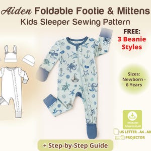 Zipper Sleeper Onesie Baby Pajama Sewing Pattern Foldable Footie Mittens Pajamas PDF Baby Footed Romper Newborn Zip Sleeper Kids DIY Pajama