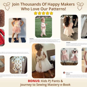 This collage of customer-made outfits showcases finished garments created using kids PDF sewing patterns, including dresses, pajamas, and everyday outfits sewn by happy makers. The image features real children wearing handmade pieces, highlighting results achievable even for beginners. Ideal for shoppers exploring baby sewing pattern ideas, toddler sewing pattern projects, and beginner-friendly sewing tutorials.