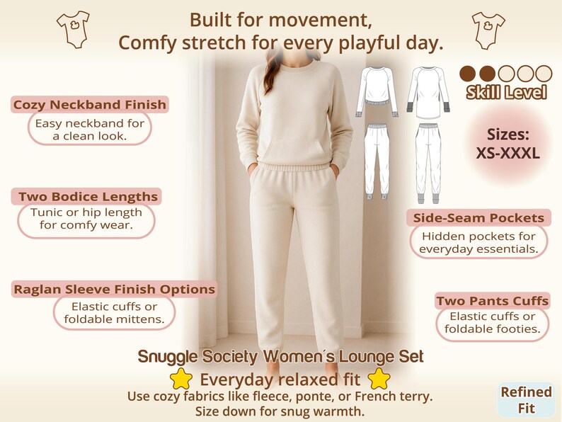 Womens lounge set shown in a neutral tone within a sewing pattern bundle, representing everyday comfort and relaxed fit across the collection, designed for sewists looking for a beginner sewing bundle that enables multiple sewing projects while keeping wardrobe planning clear and manageable