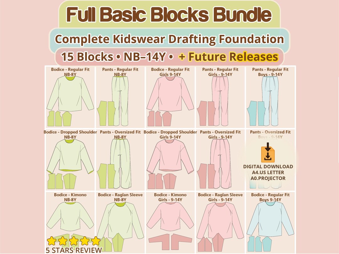 Basic Block Pdf Pattern Kids Basic Blocks PDF Sewing Pattern Bundle for Winter Summer Drafting ...