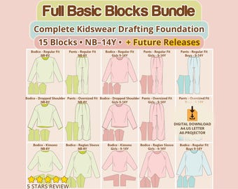 Kids Basic Blocks PDF Sewing Pattern Bundle For Winter Summer Drafting, Birthdays, Christmas, Photoshoots, Full Pattern making, Sizes NB-14Y