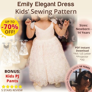 Modello di cucito per abito da damigella d'onore, abito da compleanno, abito da battesimo per ragazze, abito in tulle, scollo a V, schiena scoperta, modello per feste in formato PDF