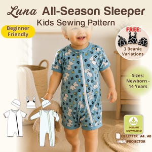 Babyschlafanzug-Schnittmuster mit Reißverschluss für Sommer und Winter, fußloser Schlafanzug, PDF-Nähanleitung, Kinder-Body mit Shorts, langärmeliger Neugeborenen-Schlafanzug zum Selbermachen