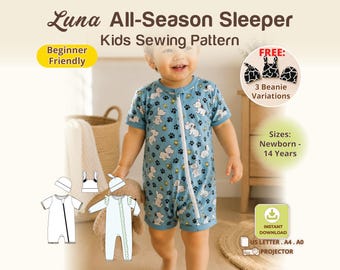 Baby Sleeper Pattern with Zipper for Summer and Winter Footless Pajamas Sewing PDF Kids Onesie with Shorts Long Sleeve Newborn Sleepsuit DIY