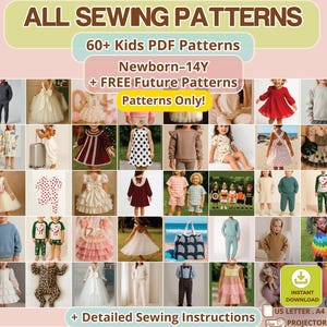 Kids Sewing Pattern Bundle PDF, Baby Toddler Outfits For Birthdays Holidays Pajama Romper Hoodie Dress, All Patterns No Blocks, Sizes NB–14Y
