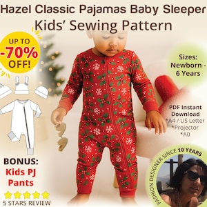 Pigiama intero per neonati con cerniera, modello di cucito con cerniera, con polsini, tutina senza piedi, pigiama in PDF, modello di tutina con cerniera per bambini, pigiami fai da te per bambini