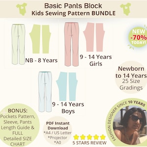Children Pants Sewing Pattern Basic Block Trousers with Regular Fit Kids Pants Sloper Set, Trouser Sloper DIY Size Newborn - 14Y Kids Pants