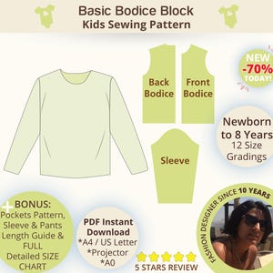 Modello di cucito per bambini con corpetto di base per neonati (tessuto) con maniche - Taglia NB-8Y, top in lino per bambini piccoli, neonato, svasato per bambini