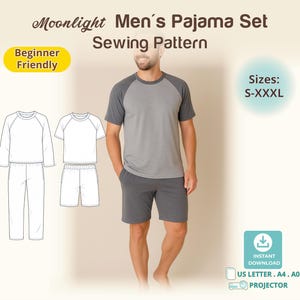 Men Pajama Sewing Pattern, Raglan Sleeve Sleepwear Set, Shorts or Pants, Relaxed Fit Nightwear