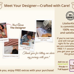 This “Meet Your Designer” collage introduces Gina, the pattern designer behind LitelierKids, showing family photos, design sketches, sewing process images, and a personal message about craftsmanship and support. It reassures buyers that each kids PDF sewing pattern is thoughtfully drafted and supported with guidance. Helpful for shoppers seeking beginner-friendly sewing tutorials, baby sewing pattern help, and designer-backed printable sewing patterns.