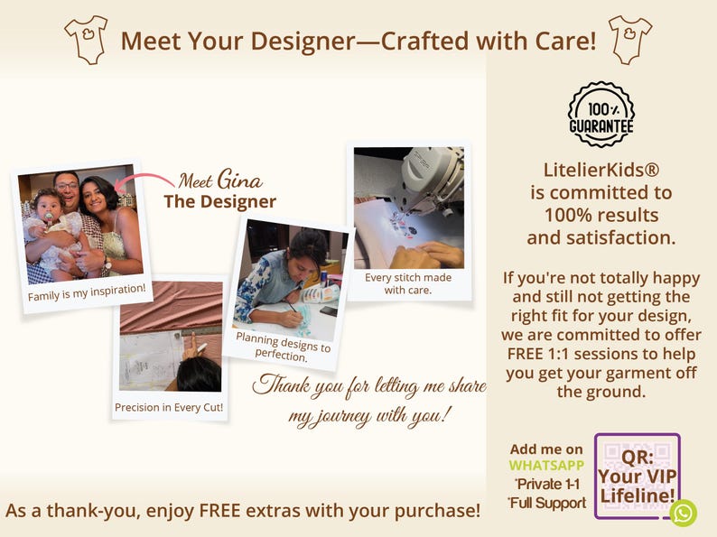 This “Meet Your Designer” collage introduces Gina, the pattern designer behind LitelierKids, showing family photos, design sketches, sewing process images, and a personal message about craftsmanship and support. It reassures buyers that each kids PDF sewing pattern is thoughtfully drafted and supported with guidance. Helpful for shoppers seeking beginner-friendly sewing tutorials, baby sewing pattern help, and designer-backed printable sewing patterns.